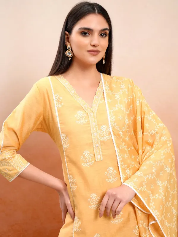 Vishudh Women Mustard Printed Kurta With Trousers And Dupatta