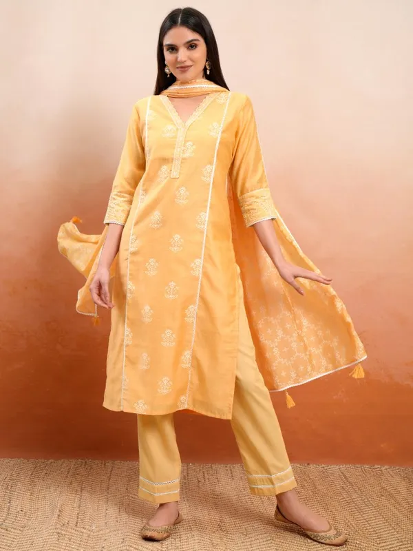 Vishudh Women Mustard Printed Kurta With Trousers And Dupatta
