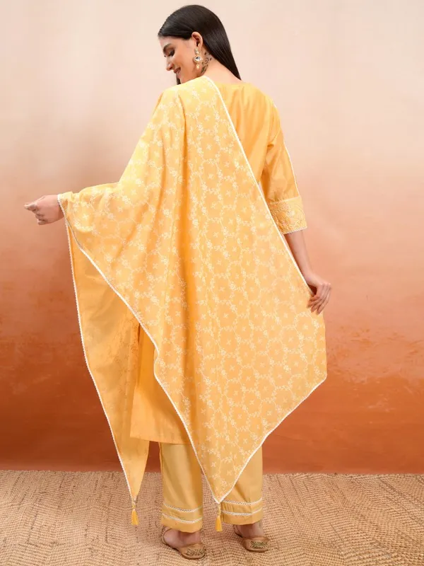 Vishudh Women Mustard Printed Kurta With Trousers And Dupatta