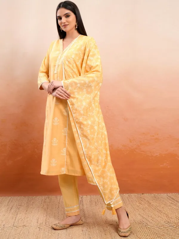 Vishudh Women Mustard Printed Kurta With Trousers And Dupatta