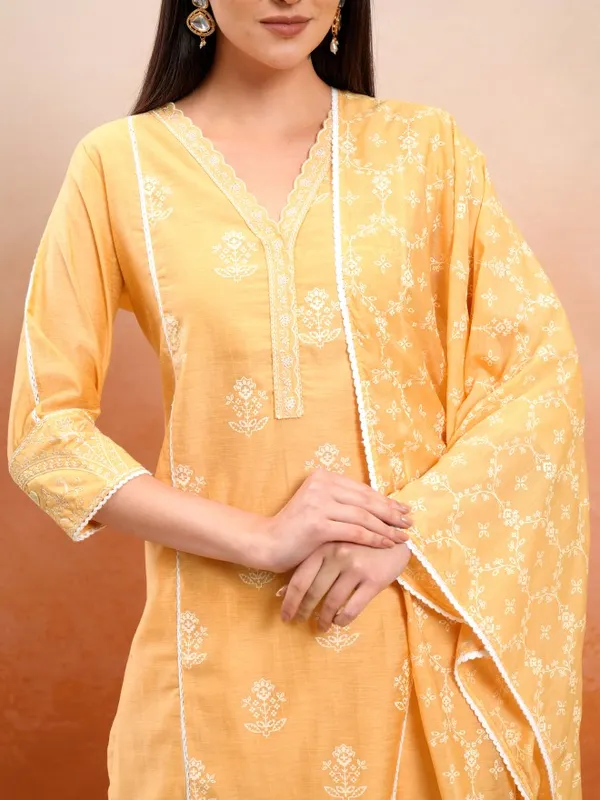Vishudh Women Mustard Printed Kurta With Trousers And Dupatta