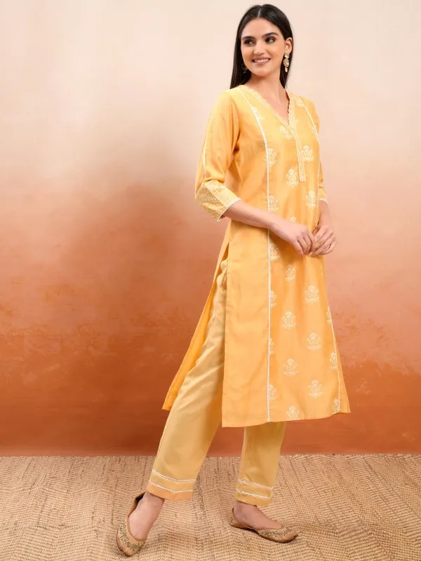 Vishudh Women Mustard Printed Kurta With Trousers And Dupatta