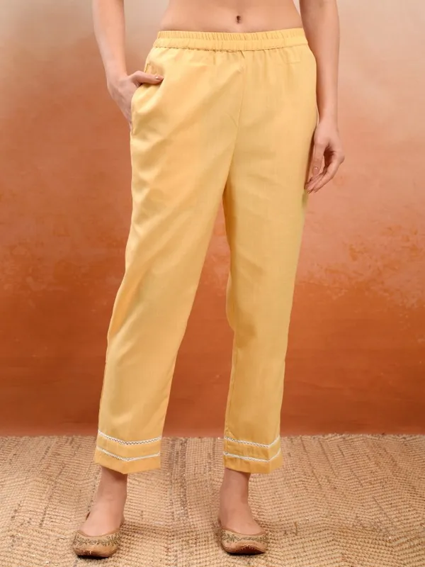 Vishudh Women Mustard Printed Kurta With Trousers And Dupatta