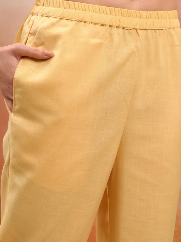 Vishudh Women Mustard Printed Kurta With Trousers And Dupatta