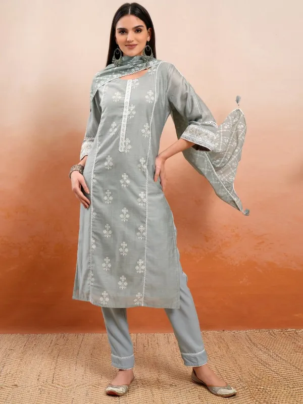 Vishudh Women Grey Printed Kurta With Trousers And Dupatta
