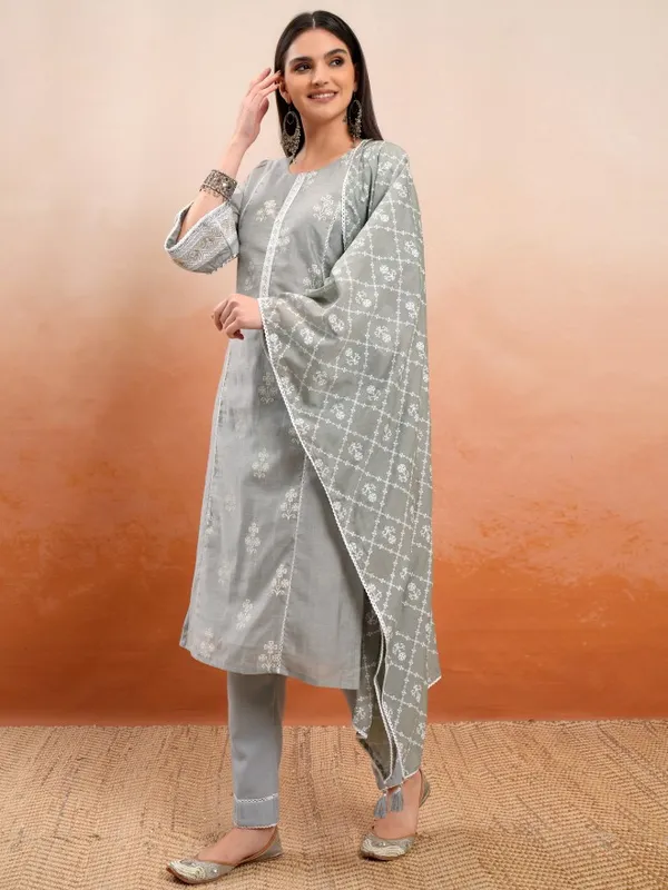 Vishudh Women Grey Printed Kurta With Trousers And Dupatta