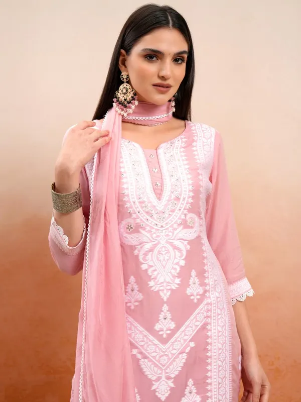 Vishudh Women Pink Embroidered Kurta With Trousers And Dupatta