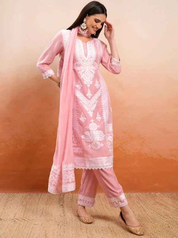 Vishudh Women Pink Embroidered Kurta With Trousers And Dupatta