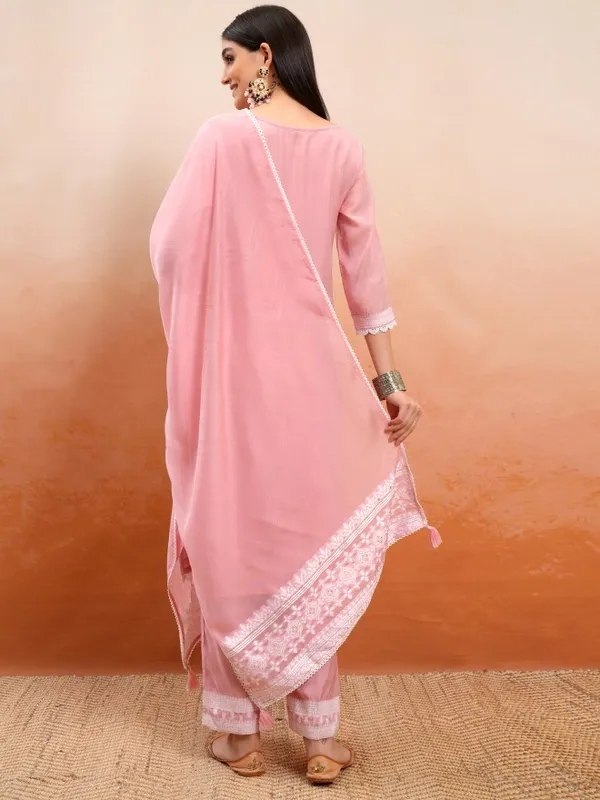 Vishudh Women Pink Embroidered Kurta With Trousers And Dupatta