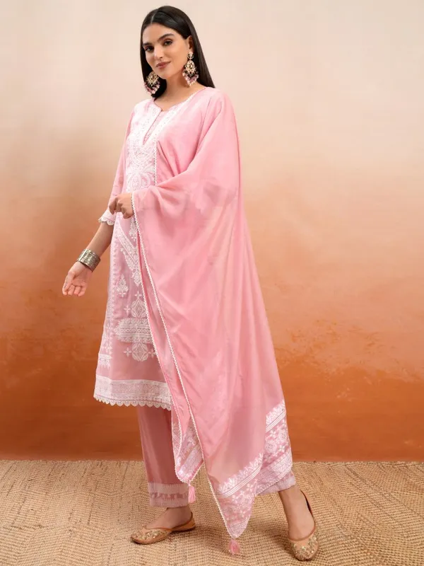 Vishudh Women Pink Embroidered Kurta With Trousers And Dupatta