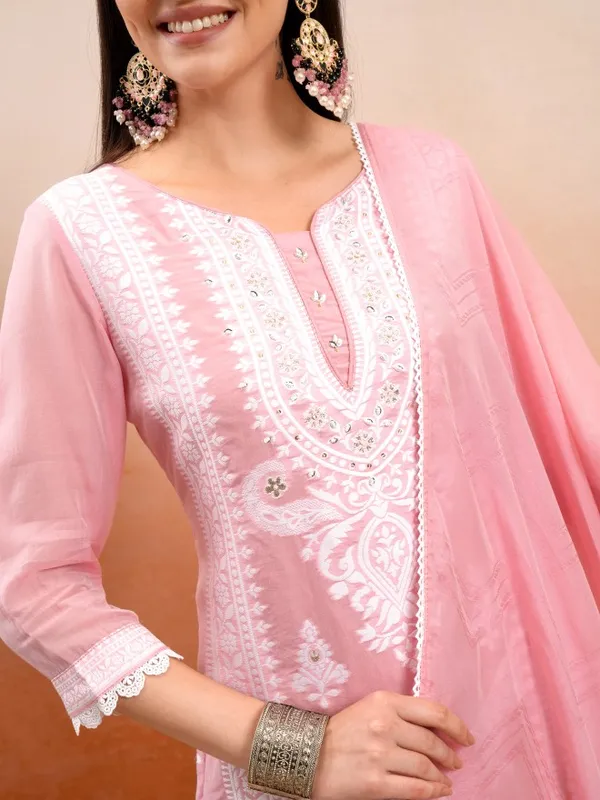 Vishudh Women Pink Embroidered Kurta With Trousers And Dupatta