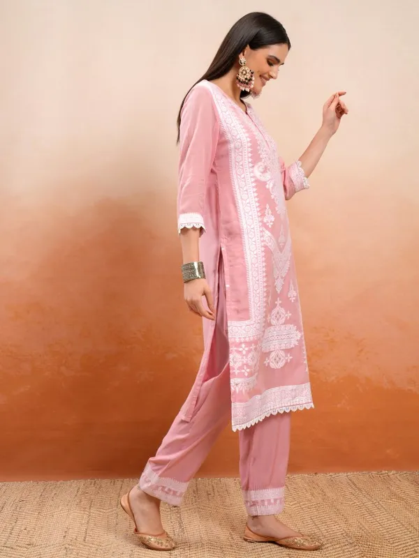 Vishudh Women Pink Embroidered Kurta With Trousers And Dupatta