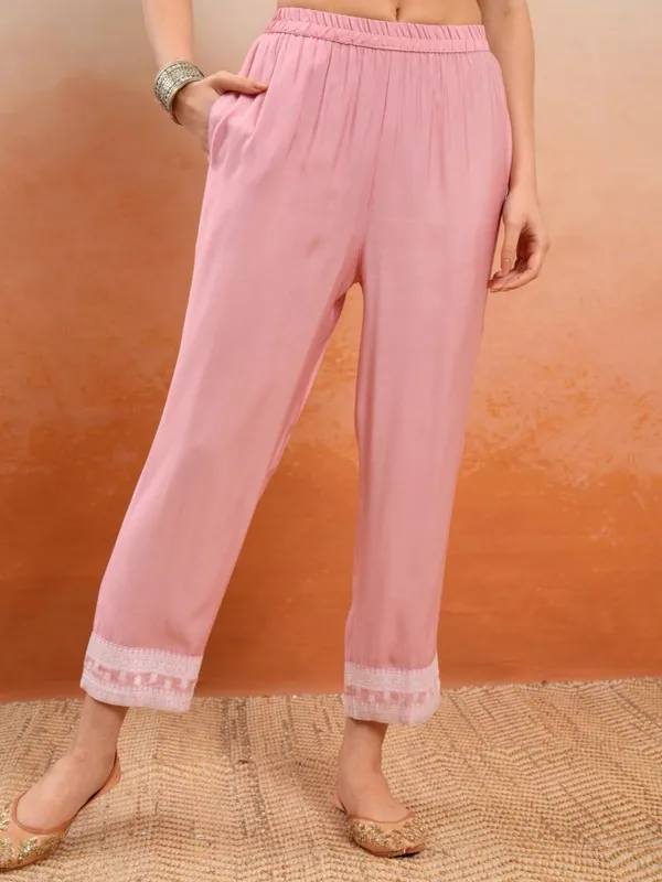 Vishudh Women Pink Embroidered Kurta With Trousers And Dupatta