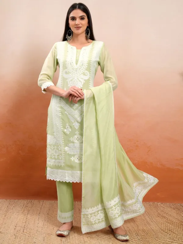 Vishudh Women Green Embroidered Kurta With Trousers And Dupatta
