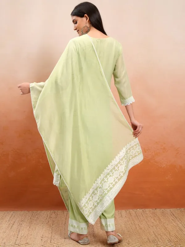 Vishudh Women Green Embroidered Kurta With Trousers And Dupatta