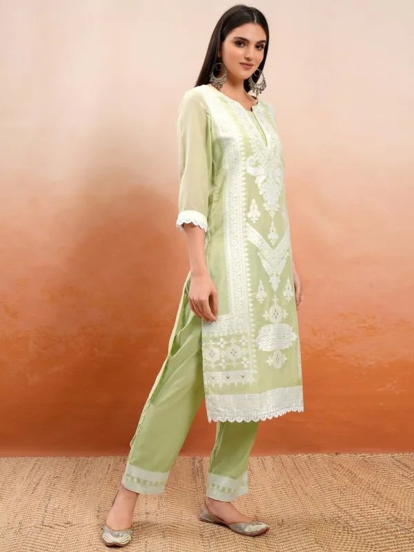 Vishudh Women Green Embroidered Kurta With Trousers And Dupatta
