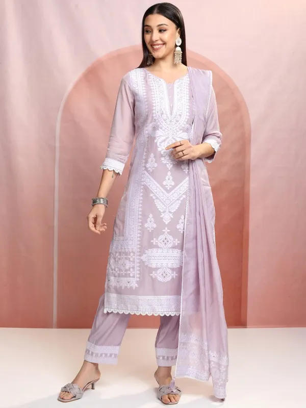Vishudh Women Purple Embroidered Kurta With Trousers And Dupatta