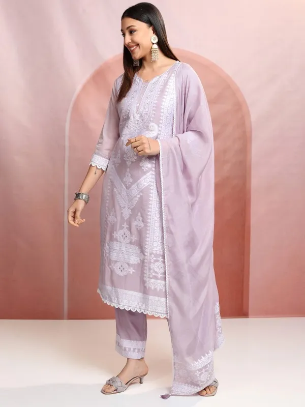 Vishudh Women Purple Embroidered Kurta With Trousers And Dupatta