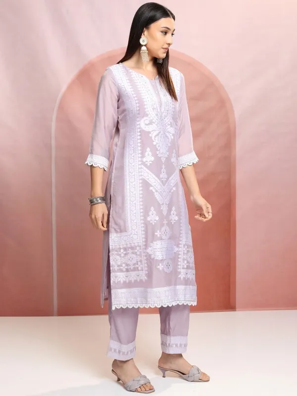 Vishudh Women Purple Embroidered Kurta With Trousers And Dupatta