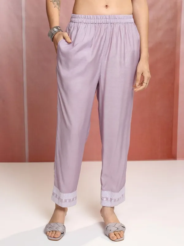 Vishudh Women Purple Embroidered Kurta With Trousers And Dupatta
