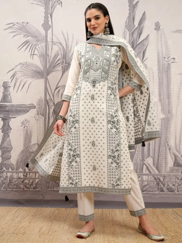 Vishudh Women Off White Embroidered Kurta With Trousers And Dupatta