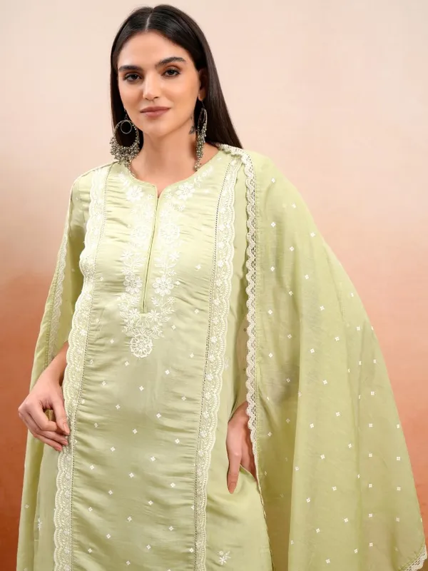 Vishudh Women Beige Embroidered Kurta With Trousers And Dupatta