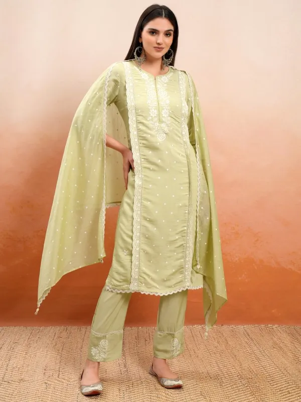 Vishudh Women Beige Embroidered Kurta With Trousers And Dupatta