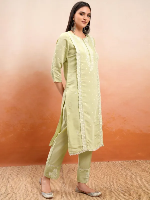 Vishudh Women Beige Embroidered Kurta With Trousers And Dupatta