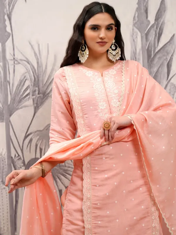 Vishudh Women Coral Embroidered Kurta With Trousers And Dupatta