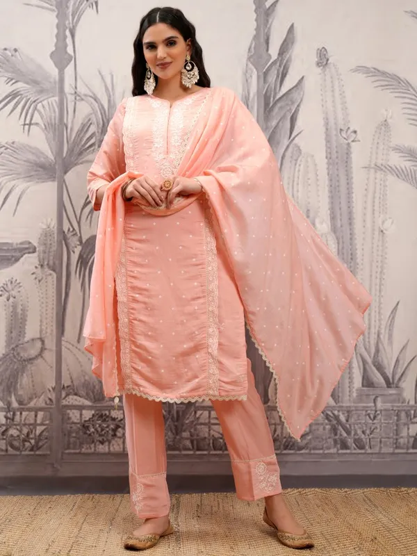 Vishudh Women Coral Embroidered Kurta With Trousers And Dupatta