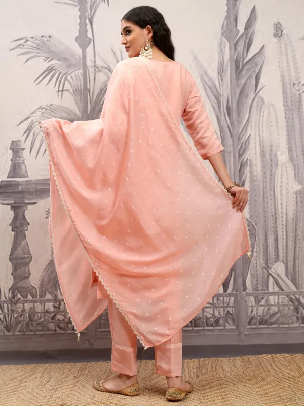Vishudh Women Coral Embroidered Kurta With Trousers And Dupatta