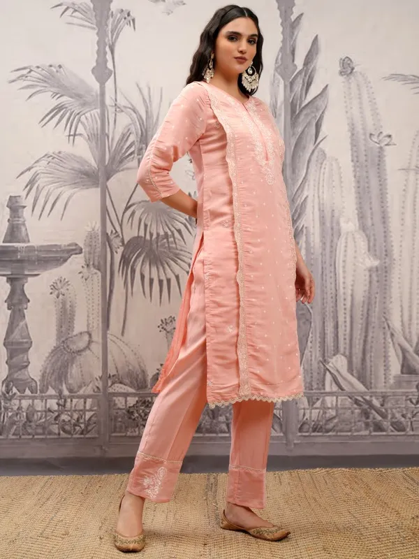 Vishudh Women Coral Embroidered Kurta With Trousers And Dupatta