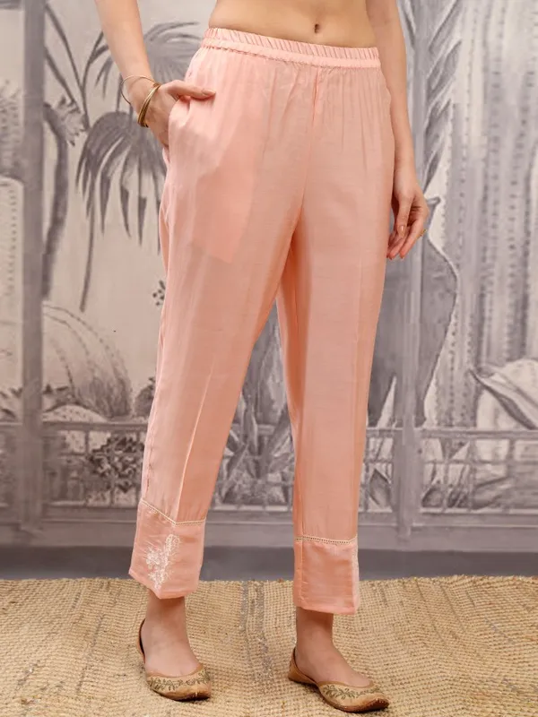 Vishudh Women Coral Embroidered Kurta With Trousers And Dupatta