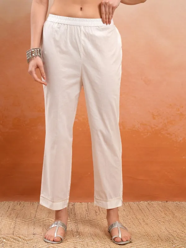 Vishudh Women Off White Embroidered Kurta With Trouser And Dupatta