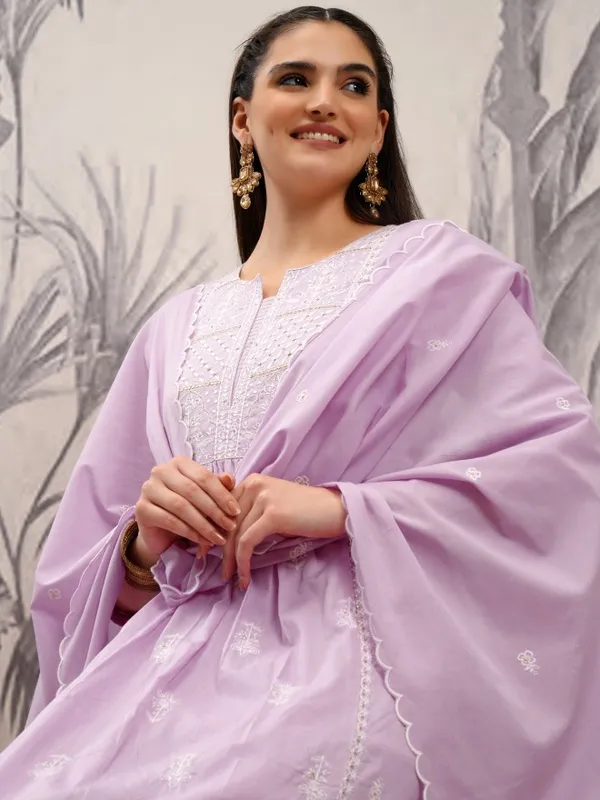 Vishudh Women Purple Embroidered Kurta With Trouser And Dupatta