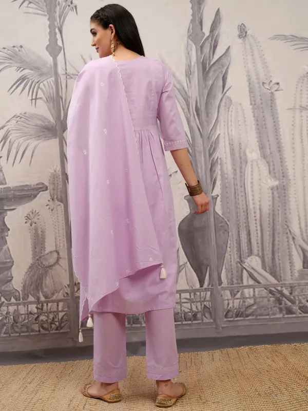 Vishudh Women Purple Embroidered Kurta With Trouser And Dupatta