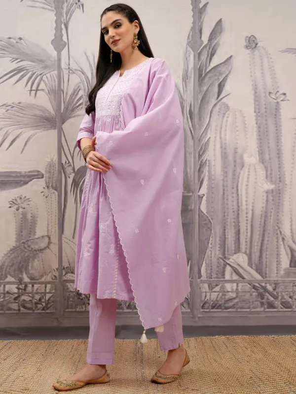 Vishudh Women Purple Embroidered Kurta With Trouser And Dupatta