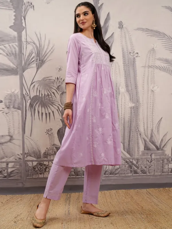 Vishudh Women Purple Embroidered Kurta With Trouser And Dupatta