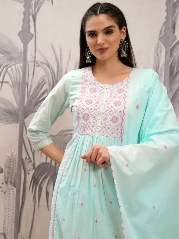 Vishudh Women Blue Embroidered Kurta With Trousers And Dupatta
