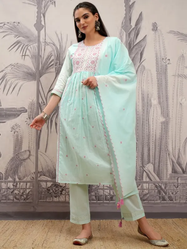 Vishudh Women Blue Embroidered Kurta With Trousers And Dupatta