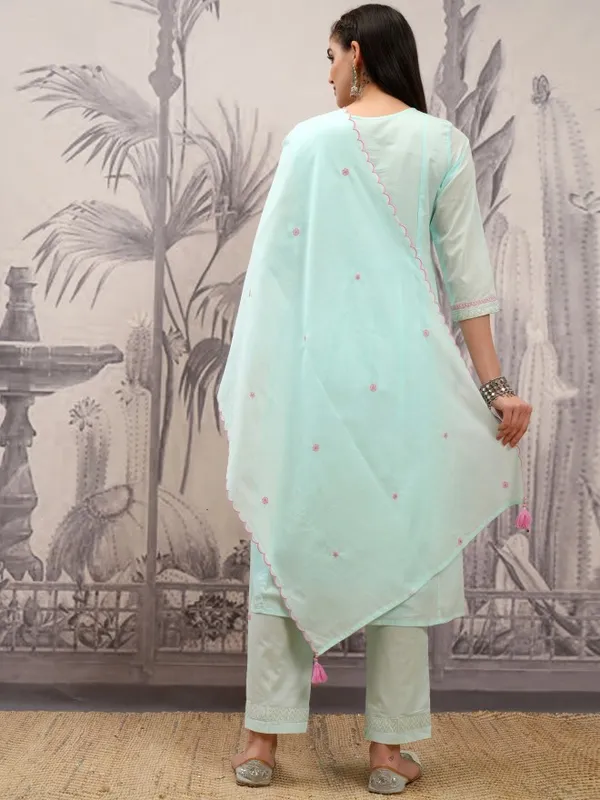 Vishudh Women Blue Embroidered Kurta With Trousers And Dupatta