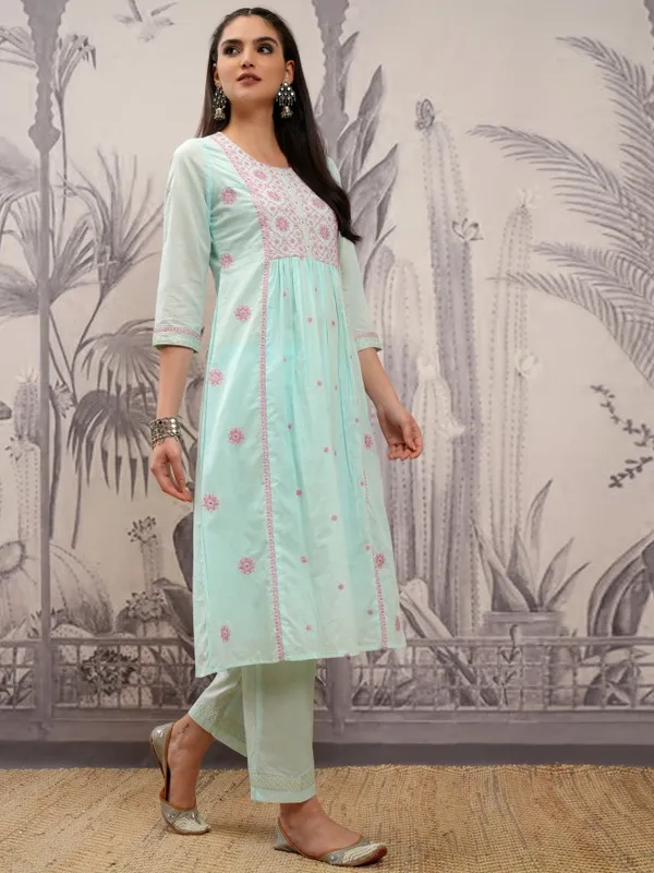 Vishudh Women Blue Embroidered Kurta With Trousers And Dupatta