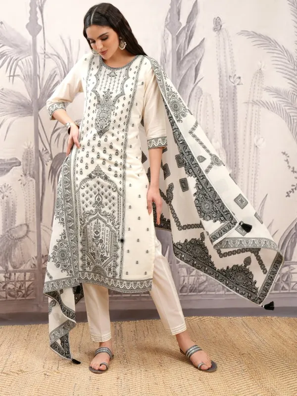 Vishudh Women Off White Printed Kurta With Trouser And Dupatta