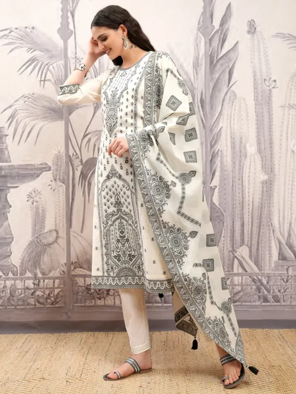 Vishudh Women Off White Printed Kurta With Trouser And Dupatta