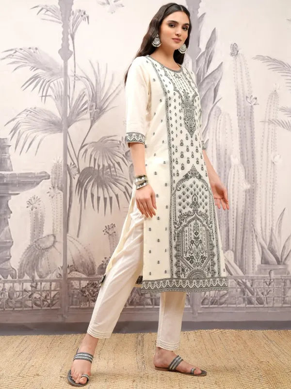 Vishudh Women Off White Printed Kurta With Trouser And Dupatta