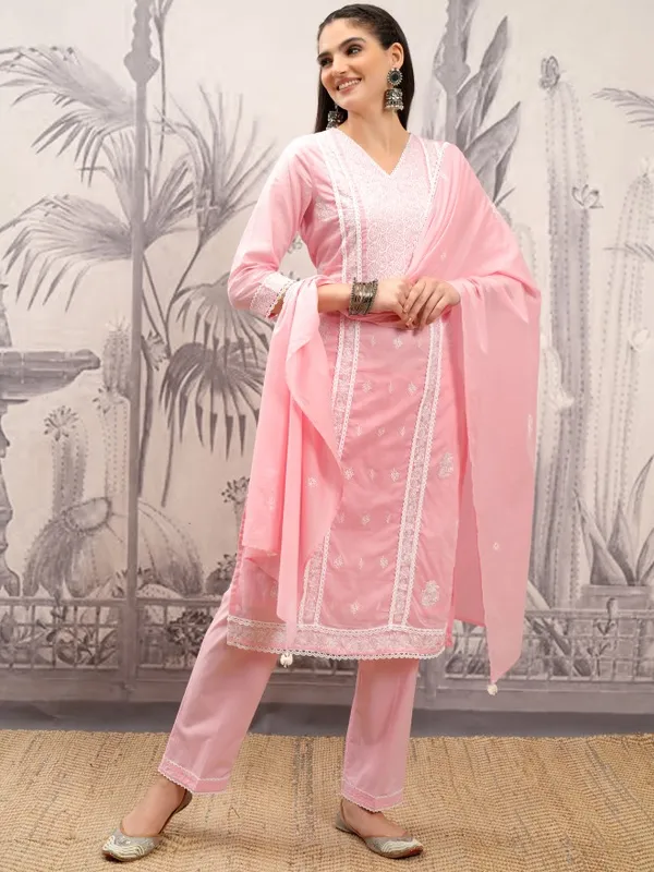 Vishudh Women Pink Embroidered Kurta With Trouser And Dupatta