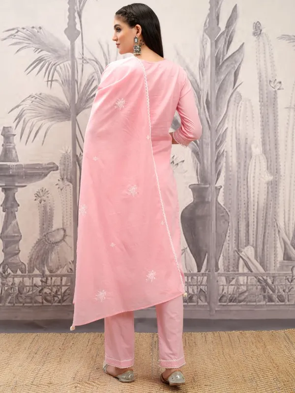 Vishudh Women Pink Embroidered Kurta With Trouser And Dupatta