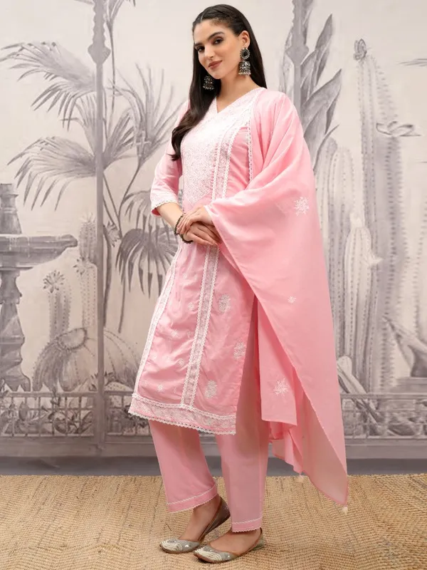 Vishudh Women Pink Embroidered Kurta With Trouser And Dupatta