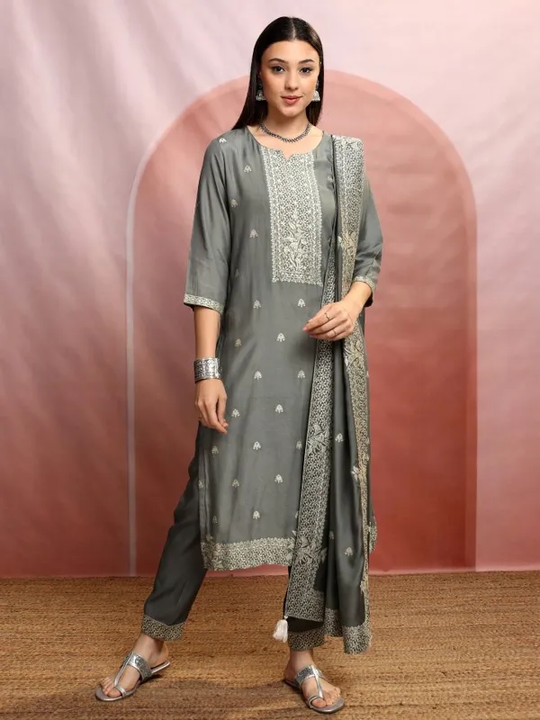Vishudh Women Grey Embroidered Kurta With Trouser And Dupatta