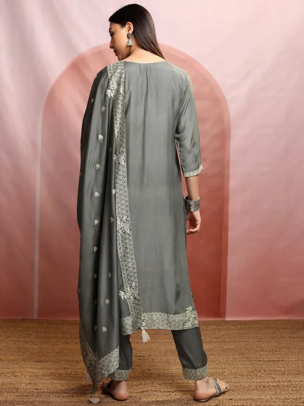Vishudh Women Grey Embroidered Kurta With Trouser And Dupatta